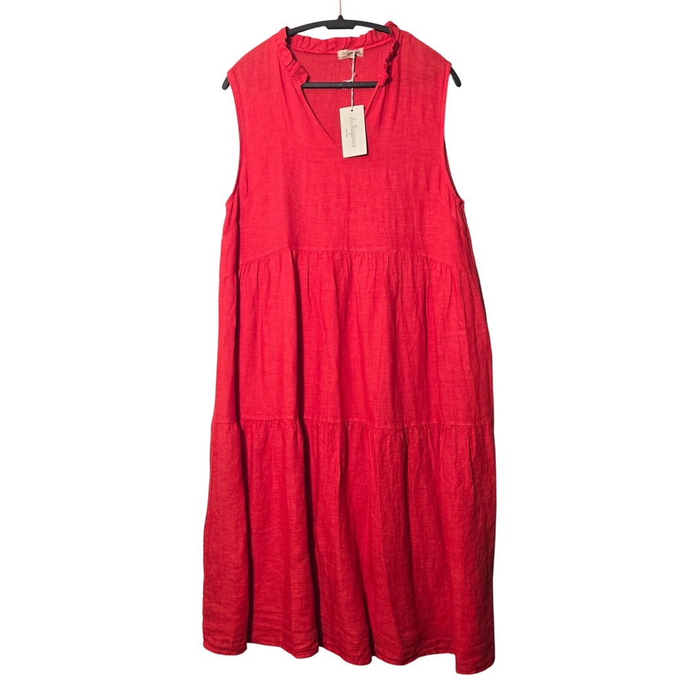 Le Ragazze 100% Linen Flowy Tiered Midi Dress Red XL Minimalist Coastal Resort